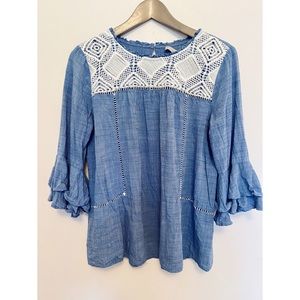 LOFT Crochet Chambray Bell Sleeve Top